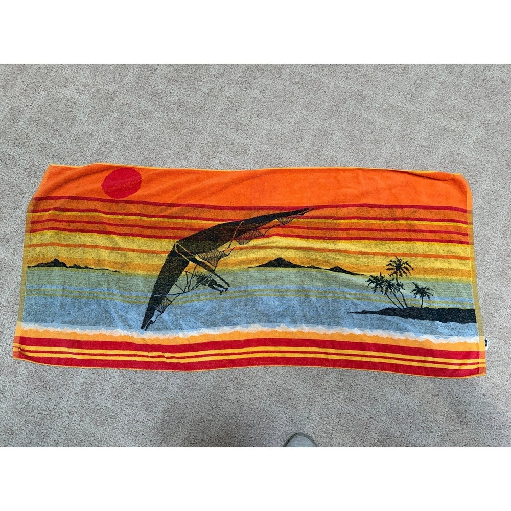 Vtg 80s Red/Yellow/Black WIND-SURFING BEACH TOWEL Summer Ocean Pool Gym